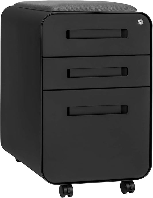 Laura Davidson Furniture STOCKPILE Curve Seated 3-Drawer Mobile File Cabinet with Removable Magnetic Cushion Seat - Metal Filing Cabinet, Pre-Assembled, Black with Dark Grey Cushion