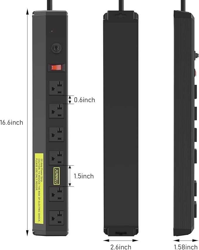 JUNNUJ Heavy Duty 20 Amp Power Strip 4800J, High Amp Surge Protector 6 Outlet, 20A Power Strips Workshop Industrial Outlets Wide Spaced 6-20R T-Slot with Circuit Breaker, 12 Gauge Extension Cord 6ft