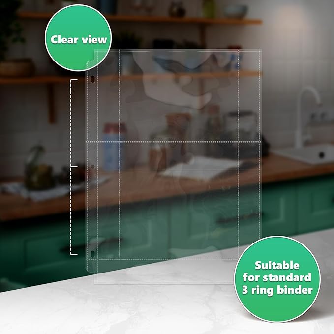 Full Size 4x6 for 8.5x11 Pack of 25 Recipe Card Protectors Top-Loading Crystal Clear Recipe Card Sleeves with 2 Pockets for 3 Ring Binder, Plastic Index Card Protector for Kitchen Cookbook