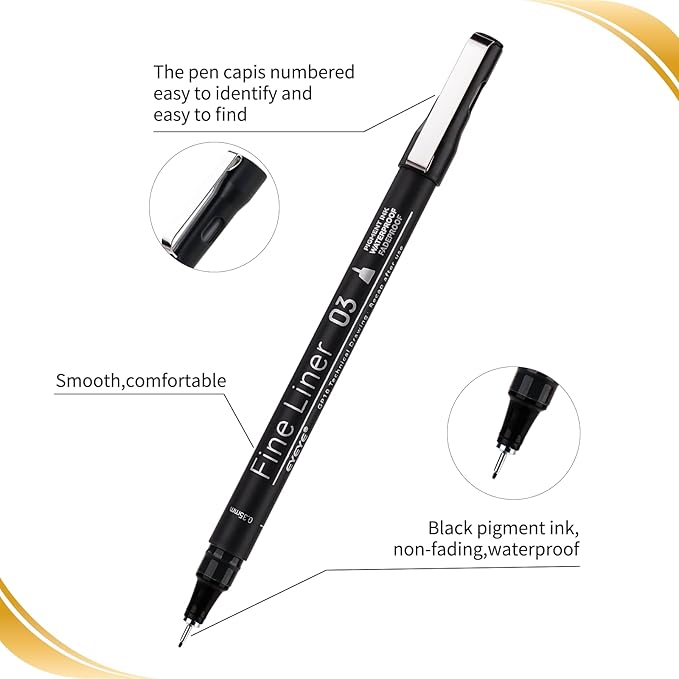 EYEYE Micro Pen Black Drawing Art Pens,0.2/0.25/0.3/0.35/0.45/0.5mm Archival Pens Waterproof Ink Set Artist Supplies Archival Inking Markers Sketch Outline Pen