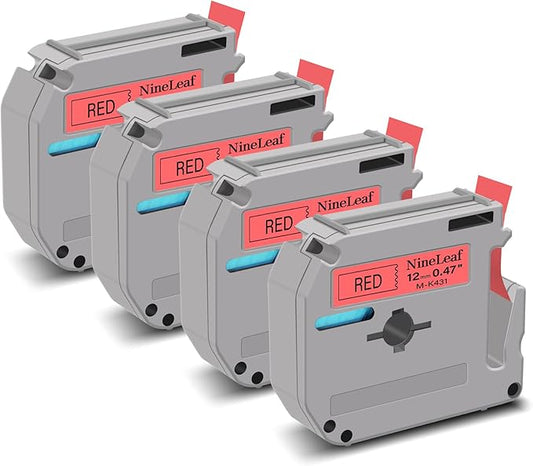 NineLeaf 4 Pack Compatible for Brother P-Touch M Tape M-K431 M-K431S MK431 M431 12mm 0.47'' Black on Red Label Tape for PT-M95 PT-65 PT-80 PT-70 PT-45 PT-90 Label Makers