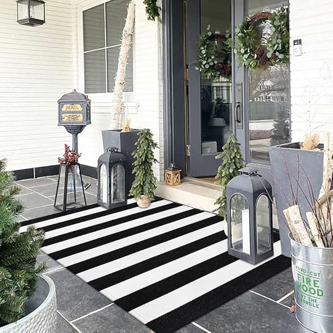 Collive Black and White Outdoor Rug 3'x 5', Hand Woven Washable Striped Outdoor Christmas Rug, Farmhouse Front Porch Rug Decor, Welcome Layered Door Mats for Front Door Entryway Patio Kitchen