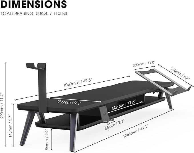 Fenge Dual Monitor Stand, Monitor Riser for 2 Monitors with Adjustable Laptop Riser , 42.5 Inch Desk Shelf for Top of Desk with Phone Holder& Headphone Stand