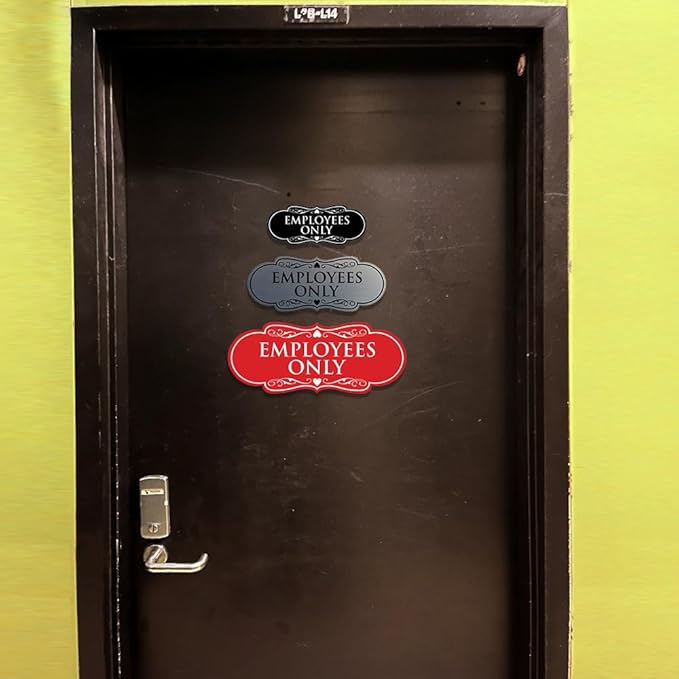 Designer EMPLOYEES ONLY Sign | Easy Installation | Office or Business Signs | Workplace Safety - White/Red - Small (1 Pack)