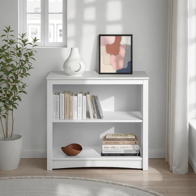 Prepac Sonoma 2-Tier Bookcase 29"H with 1 Adjustable Shelf, White Storage Cabinet, Modern Display Cabinet, Bookshelf with Storage Shelves for Home Office, Living Room, Bedroom Organizer