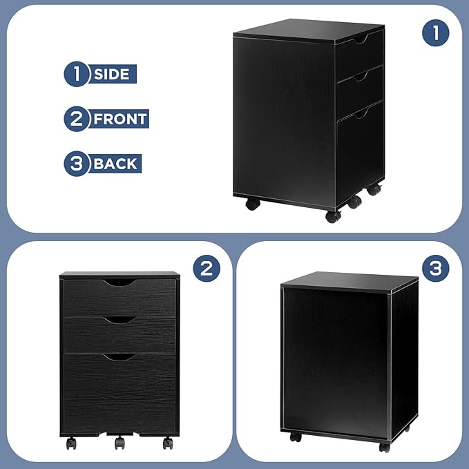 HollyHOME 3-Drawer Wood File Cabinet, Under Desk Cabinet for Home Office, Rolling Storage Shelf for Home, Printer Stand, for A4, Letter-Size Files, 11.8in Hanging File Folders, Black