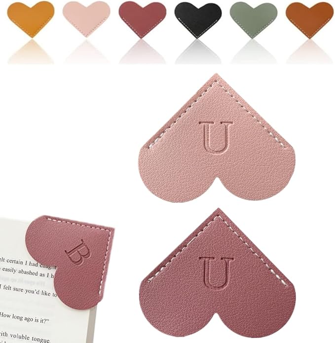 Personalized Leather Heart Bookmark, 26 Letters Customized Corner Book Mark for Reading Women, Book Marker with Initials，Cute Gifts (Light Pink+Deep Pink, U)