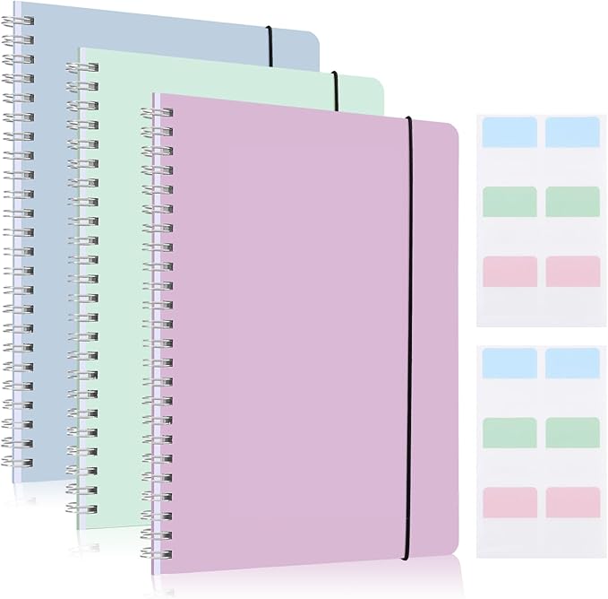 3 Pcs Spiral Notebook 5.9x8.3, 140 Pages Small Notebook for Women A5 College Ruled Journals Cute Notebooks with Large Pockets and Index Stickers for Home School Office Use（Purple, Green, Blue）