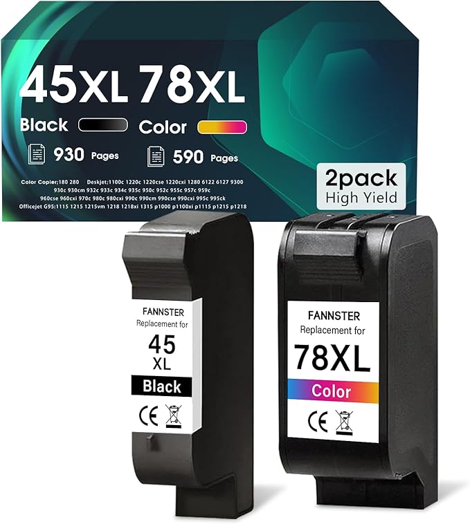 45 78 Ink Cartridge Combo Pack Compatible for HP Deskjet 1220c-ps 930C 952C 970Cxi Color Copier FAX 1220 PhotoSmart 1115 1215(1 Black, 1 Color)
