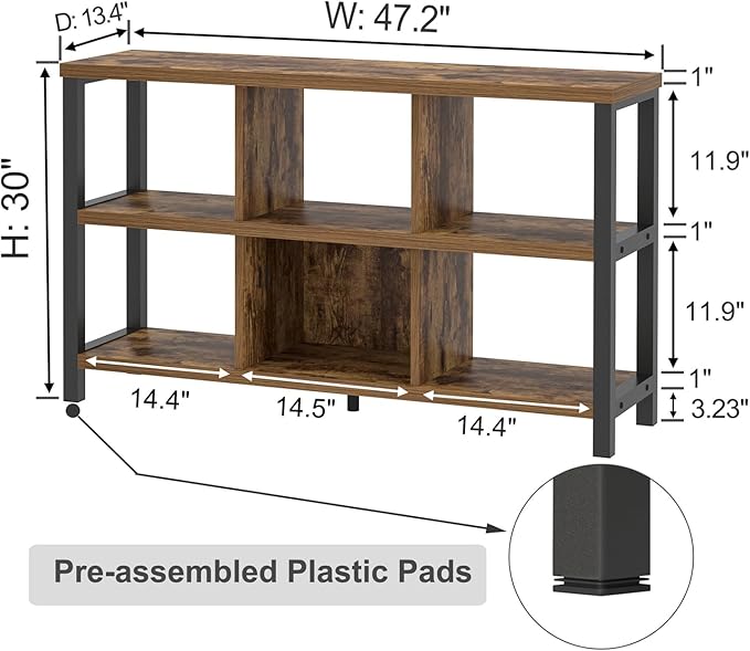 FOLUBAN Industrial Horizontal Bookshelf, 6 Cube Storage Organizer with Shelf, Wood and Metal Cubby Bookcase for Living Room Bedroom, Rustic Brown, 47 Inch