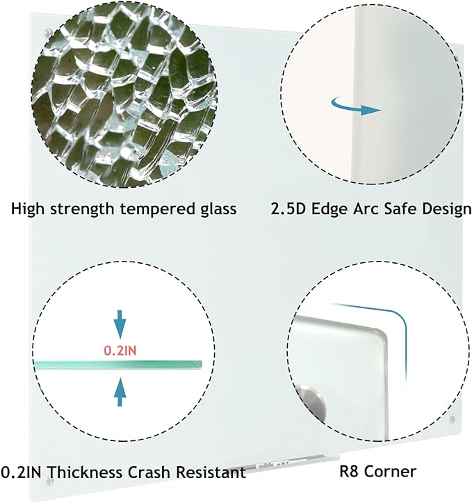 Glass Whiteboard Magnetic Dry Erase Board - Frameless Glass White Board 36 x 24 Inches, Wall Mounted, Office, Home & School