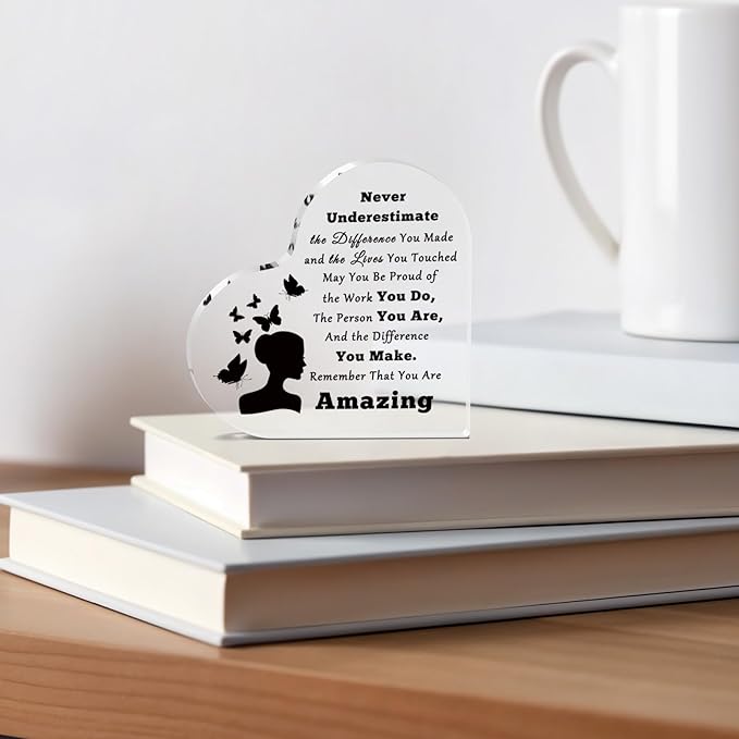 Inspirational Gifts for Women Friends Desk Decor for Office Coworker Appreciation Desk Sign Retirement Leaving Going Away Presents New Job Promotion Gifts for Women Office Acrylic Heart Keepsake