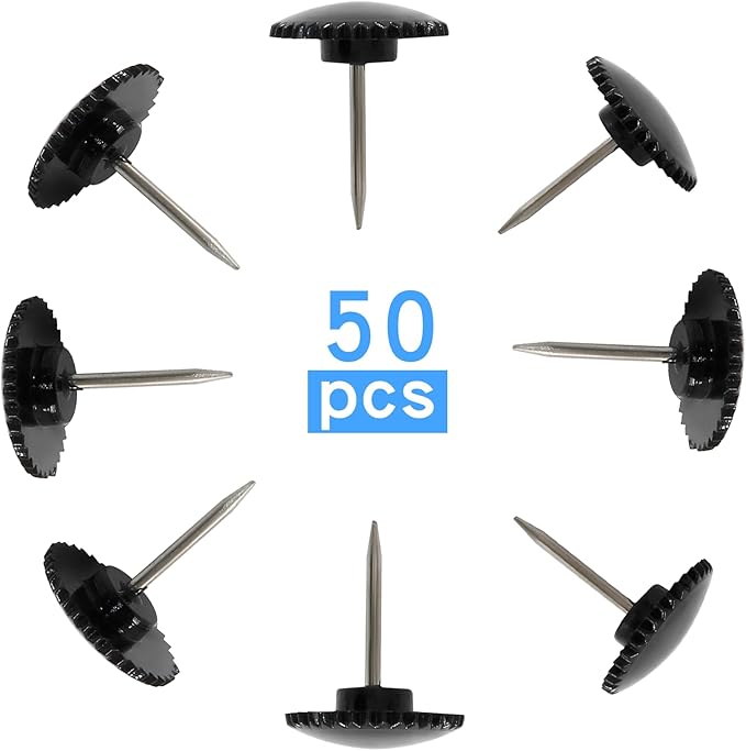 Piutouyar 50 Pcs Black Push Pins, Plastic Thumb Tacks for Wall Hanging, Flat Head and Steel Point Push Pins Wall Tacks Thumbtacks for Furniture Cork Board DIY Projects or Home Decor