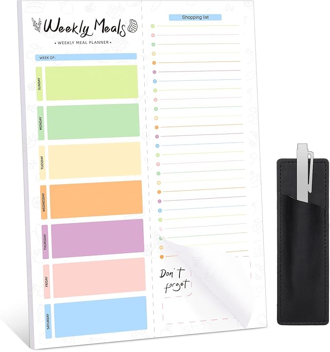 60 Sheet Meal Planner for Fridge with Pen Holder, Magnetic Weekly Meal Planner & Grocery List with Tear-off Shopping List for Meal Prep, 7x10''-Colored Lines