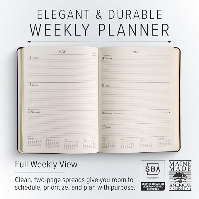 Gallery Leather Large Weekly Monthly Planner 2025-2026, Elegantly Bound Calendar Planner and Notebook with Stylish Gold-Gilded Page Edges, 12 Months - Freeport Metallic Hunter - 9.75 x 7.5 "