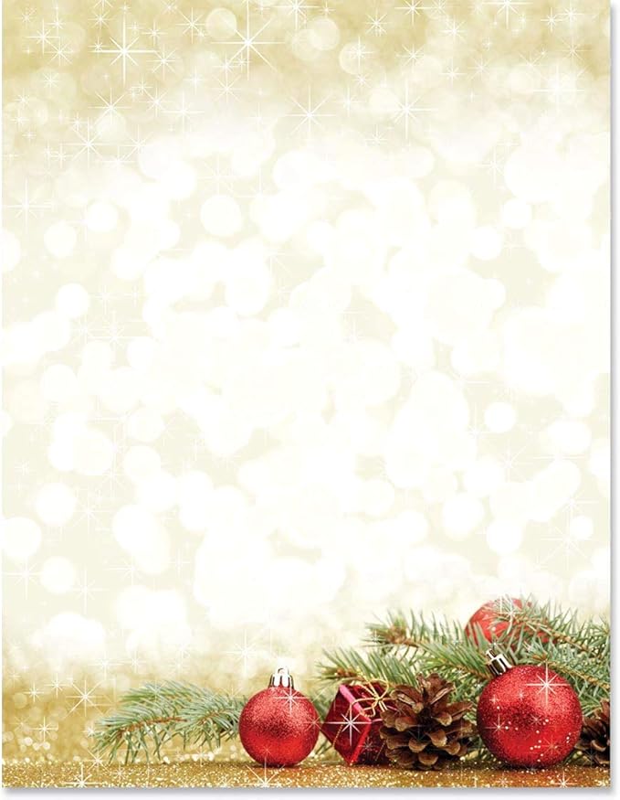 PaperDirect Golden Sparkle Holiday Enchantment Border Paper, Lighted Gold Background with Pine Boughs and Ornaments, 8.5 x 11, Acid-Free, Ideal for Holiday Invitations, Cards, 100 Sheets