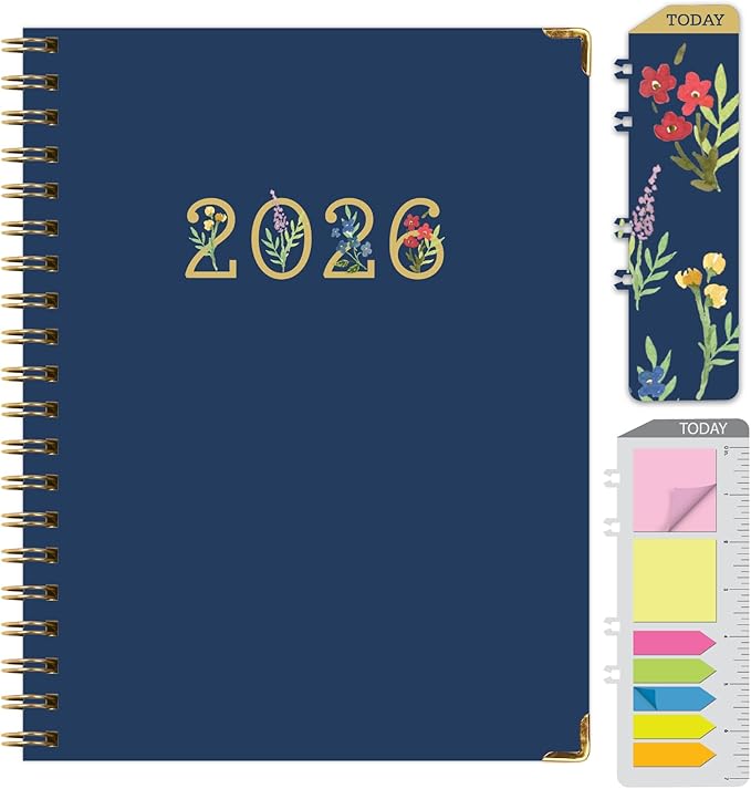 HARDCOVER 2026 Planner, 7"x9": 14 Months (November 2025 - December 2026), Daily Weekly Monthly Planner, Yearly Agenda, Bookmark, Pocket Folder and Sticky Note Set (Navy Gold Numbers)