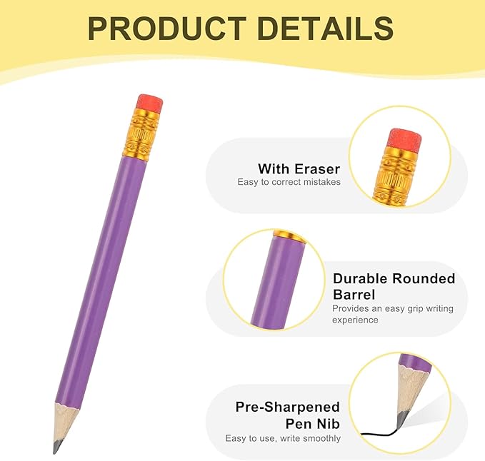 MECCANIXITY Golf Pencils with Erasers, 4" HB Mini Half Pencils Pre Sharpened Small Pens for Wedding Bridal Shower Game Office Writing Drawing(Purple/Rose Red, Pack of 50)