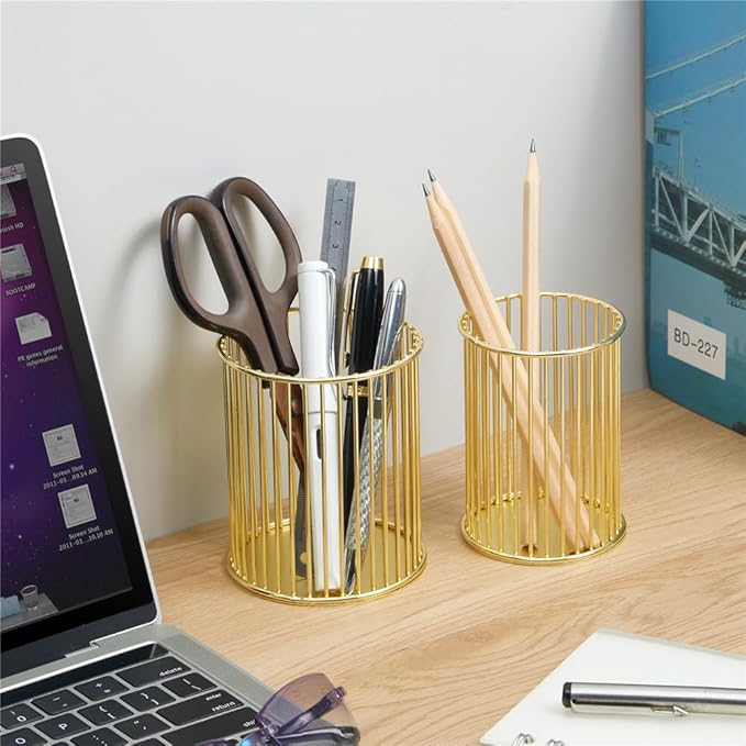 2 Pack Metal Pen Holder for Desk, Makeup Brushes Cup Holder, Pencil Holders, Pen cup, Home and Office Organizer, Gold