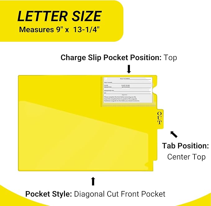 Doctor Stuff - Center Tab Vinyl Outguides, Diagonal Cut Front Pocket, Top Charge Out Slip Pocket, Plastic File Folder, Letter Size 9" x 13-1/4", Yellow, 25/Box