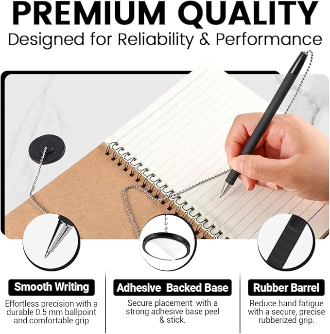 Secure Pen with Adhesive Pen Chain Holder 23-Inch Chain (21 Pieces) | 7 Black Pens with 7 Black & 7 Blue Refills | Counter Pens with Chain & Base | Ideal for Office, Reception & Public Spaces