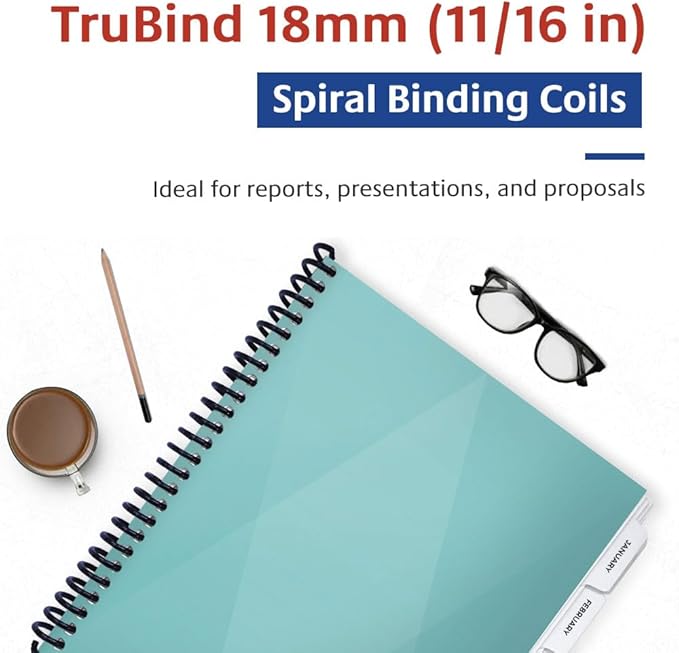 TruBind 18mm (11/16 in.) Spiral Binding Coils for Reports, Presentations and Proposals | 4:1 Pitch | 12 in. Length | Black | 155 Sheets Binding Capacity | 100 Pack