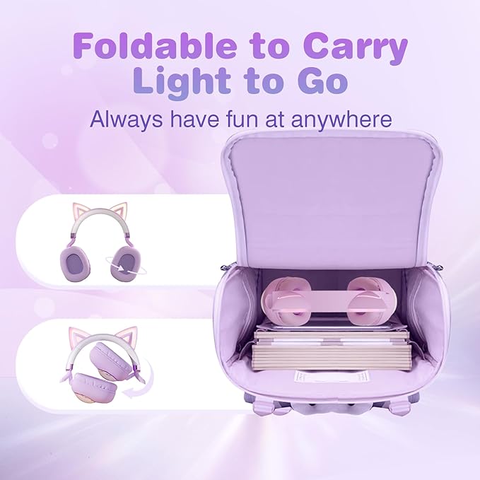 Cat Ear Headphones for Kids, Cute Children Girl Wireless Bluetooth Headphones for School, Purple Kindergarten Light up Kawaii Kitty Noise Cancelling Headphones for Kids Teens Child Airplane