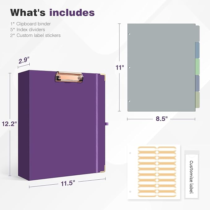 Ospelelf 3 Ring Binder, 2 Inch, Cute Letter Size (11" x 8.5") with 5 Tab Dividers, File Folder Labels and Low Profile Clipboards, Purple Binder for School and Office Supplies
