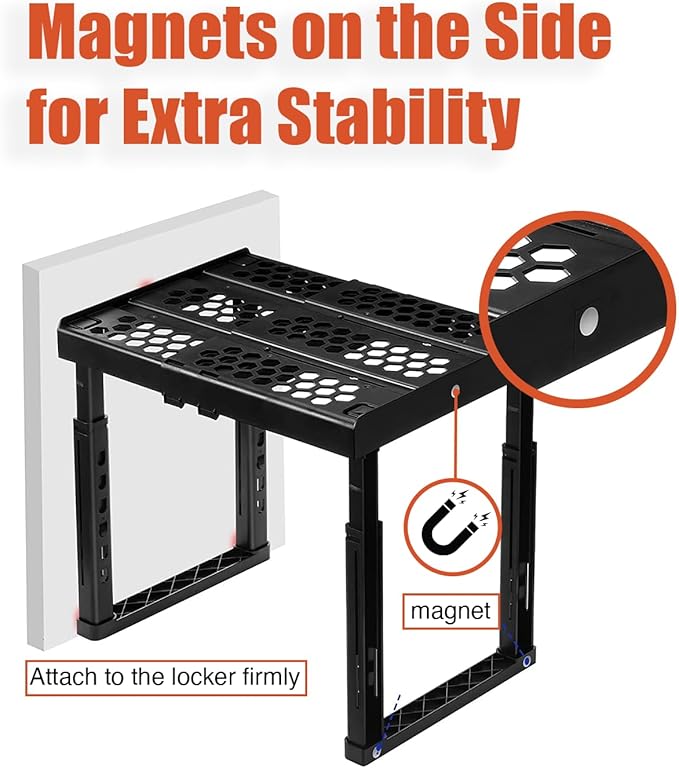 Locker Organizer Shelf， Adjustable Width and Height, Stackable, Ideal Locker Shelf for School, Office, Gym Lockers, or Even Kitchen Cabinets & Under Sink Organization (Black 2 Pack)