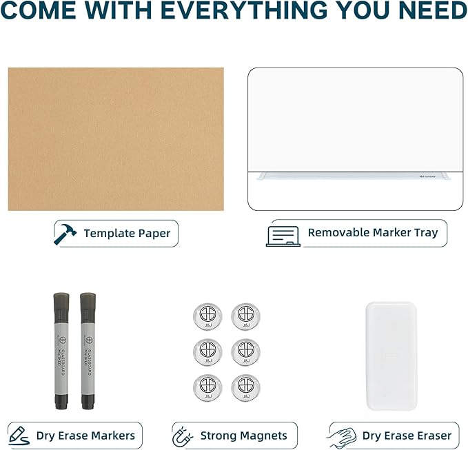 J&J worldwide Magnetic Glass Whiteboard 8' x 4' Ultra White, Large Frameless White Boards for Walls 96 x 48 Inches, Large Dry Erase Board for Office, Home, School