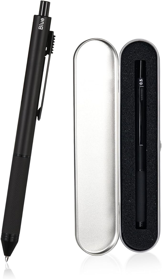 smttw 4 in1 Multi-Function Refillable & Retractable Ballpoint Pen + 0.5mm Mechanical Pencil, Fine Point, Black Metal Barrel, Black/Red/Blue Inks, Multicolor Pen With Metal Gift Box