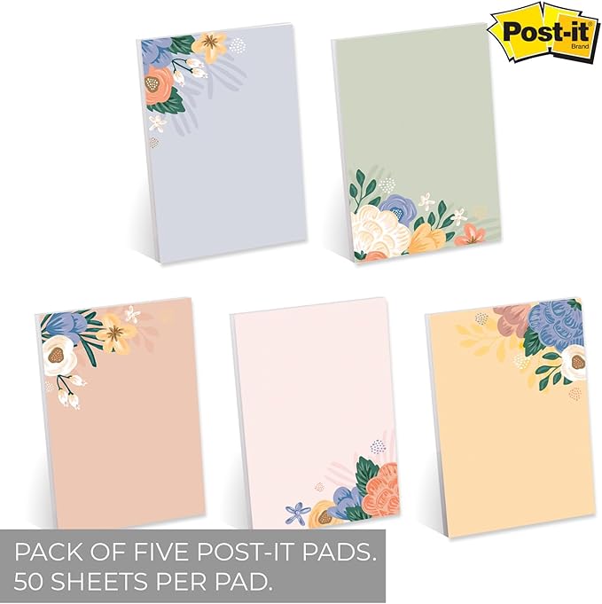 Simple Floral Sticky Note Pad Assortment/Set of 5 Pastel Note Pads / 4" x 6" Botanical Sticky Note Pads / 50 Sheets Per Pad/Made in USA