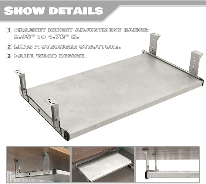 FRMSAET Furniture Accessories Office Product Suits Hardware 20/24/30 inches Keyboard Drawer Tray Wood Holder Under Desk Adjustable Height Platform(24 inches, Gray Rock)