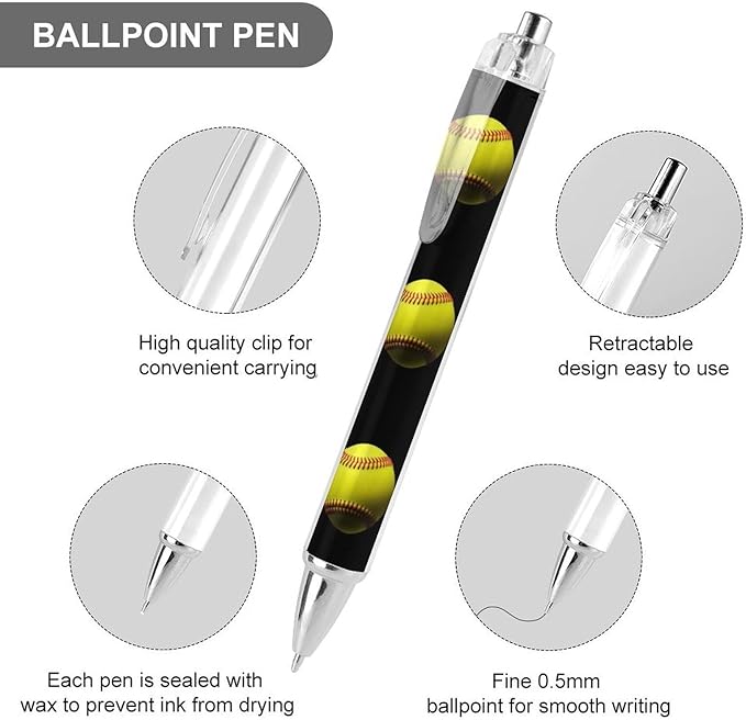 2 Pcs Softball Black Ballpoint Pen for Women Men, Retractable Black Ink Ball Point Pens Smooth Writing Office Supplies, 0.5mm