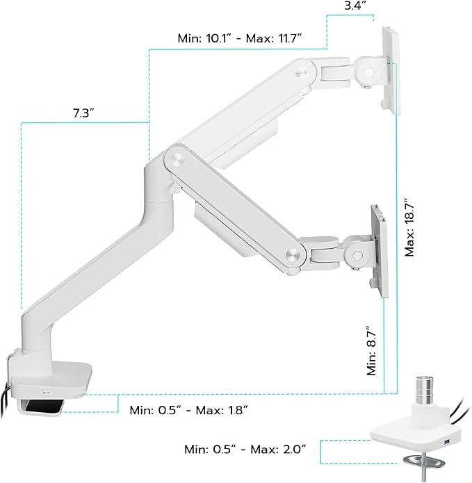 ARES WING Ultrawide Monitor Arm White with USB A/C, Heavy Duty Monitor Arm for 17 to 49 inch Screen, Holds 44 lbs, Adjustable Gas Spring Arm Desk Mount with Clamp and Grommet Base