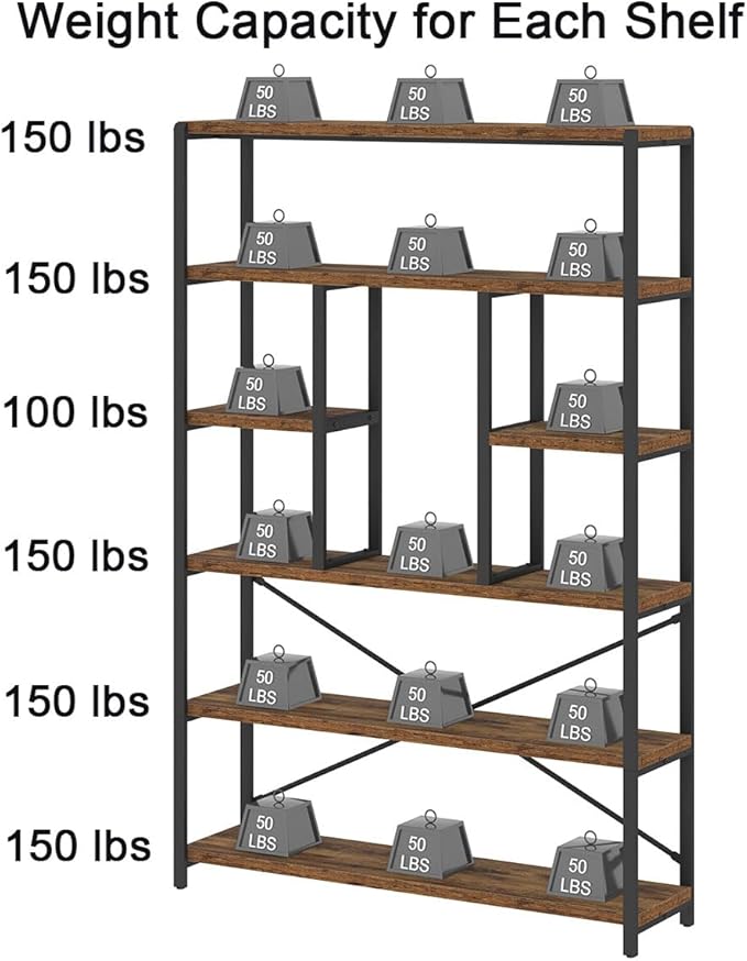 LVB Rustic Bookcases and Book Shelves, Metal Wood 6 Tier Bookshelf and Book Rack Storage, Industrial Vertical Display Etagere Book Case 6 Shelf, Vintage Large Book Shelf for Bedroom Living Room, Brown
