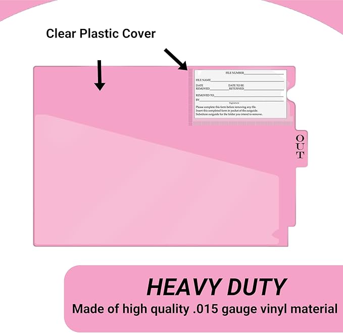 Doctor Stuff - Center Tab Vinyl Outguides, Diagonal Cut Front Pocket, Top Charge Out Slip Pocket, Plastic File Folder, Letter Size 9" x 13-1/4", Pink, 50/Box
