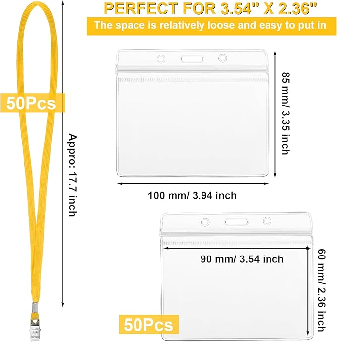 Marspark 50 Sets Clear Name Tags with Lanyard, Lanyards for ID Badges Reusable Strap with ID Holder Plastic Name Badges for Adults Business School Church Conference (Yellow)