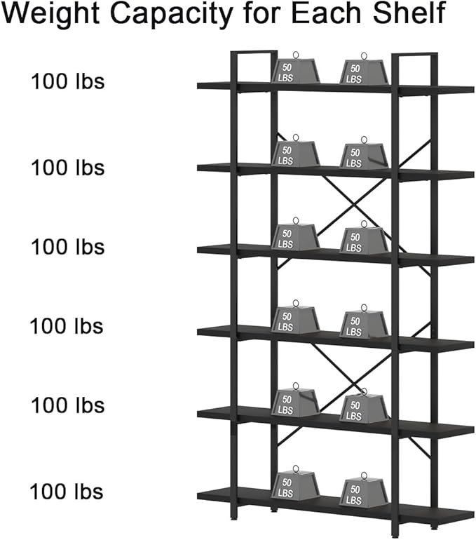 HSH 6 Tier Tall Black Bookshelf, Modern Large Storage Book Shelves & Display Book Shelf,Industrial Open Vertical Metal and Wood Black Bookcases 6 Shelf for Bedroom Living Room Office, Black Oak
