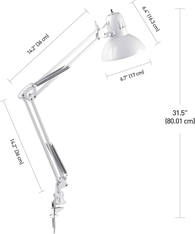 GLOBE Electric 52847 31.5 Inch Swing Arm Clamp-On White Desk Lamp with Nickel Accents, On/Off Rotary Switch, Book Reading Light, Home Essentials, Office Décor, LED Bulb Compatible