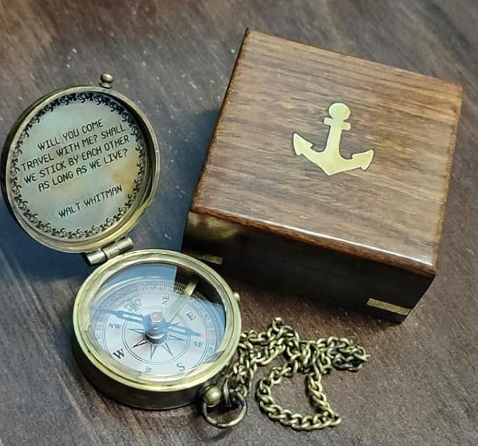 Will You Come Travel With Me? Shall We Stick By Each Other As Long As We Live? Vintage Quote Brass Compass with Wooden Box Scripture-WALT WHITMAN, Gifts Idea, Girls/Boys, Lovers, Husband, Wife, Fiancé