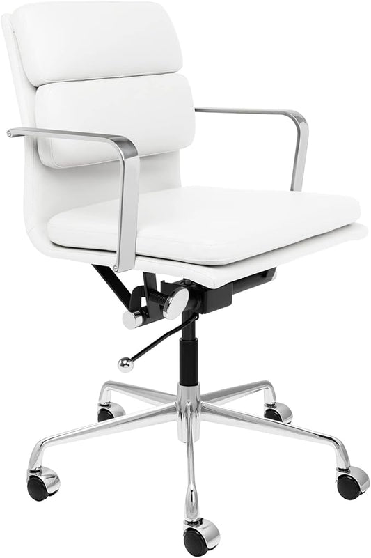 Laura Davidson Furniture SOHO II Padded Management Office Chair - Mid Back Desk Chair with Arm Rest, Swivel & Cushion Availability, Made of Faux Leather, White, Computer Chair