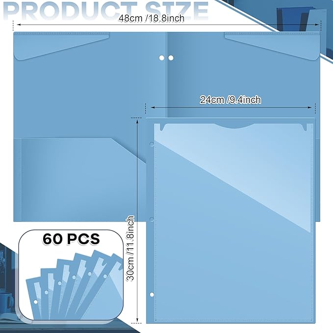 Henoyso 60 Pcs 2 Pocket Plastic Folders with Clear Front Pocket 3 Hole Punched File Folder Letter Size Take Home Documents Holder for Paper Holder Office Business Back to School Supply (Haze Blue)