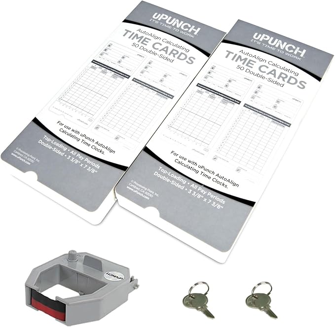 uPunch HN2500 Calculating Time Clock Bundle for Small Business: Auto Align Employee Time Tracking System with 100 Time Cards, Ribbon, and Keys