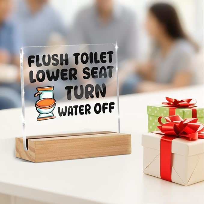 Rustic Funny Bathroom Decor Sign, Humor Restroom Acrylic Sign With Wooden Stand for Farmhouse Home Decor, Christmas Birthday Gifts