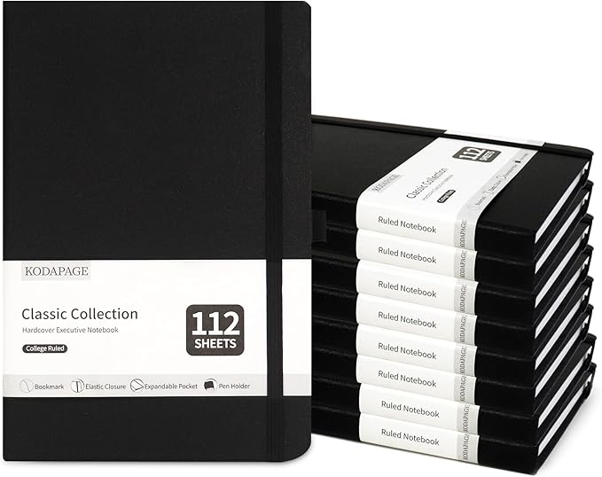 Black A5 Liend Journal Notebook, 7mm College Ruled Notepad, Journaling for Writing, Work, School, Travel and Note Taking, Hardcover 224 Pages (112 Sheets) 5.5 x 8.3 inches (8 Pack)