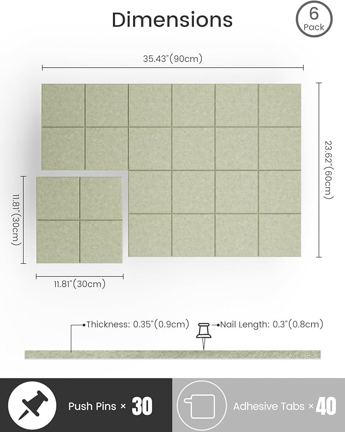 Bumusty Large Cork Board Alternative-36 x24 Felt Bulletin Board Tiles, with 30 Pushpins, 40 Adhesive Tabs, 6-Pack Slat Wall Paneling, Cork Boards for Office Push Pin Board Felt Board-Sage