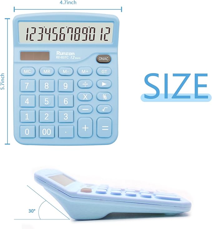 Blue Office Calculator - 12 Digit Desktop LCD Display with Sensitive Buttons
