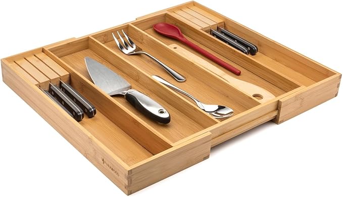 Purawood Kitchen Drawer Organizer with Knife Blocks - Utensil Drawer Organizer for Kitchen, Cutlery Tray & Silverware Organizer, 3-5 Slots - Bamboo Organizer for Utensils & Flatware (Natural)