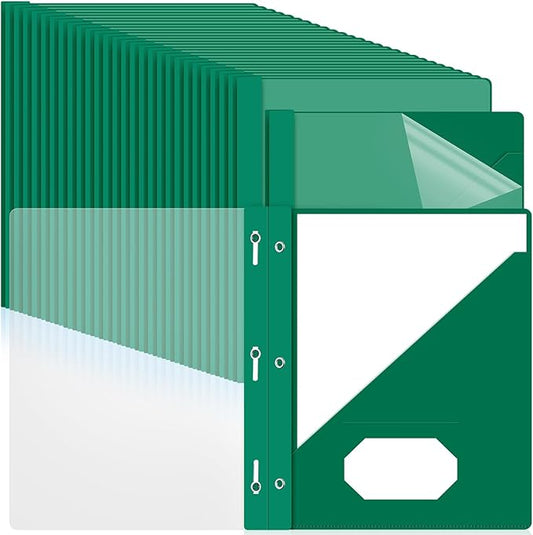 Patelai 48 Pcs Plastic Folders with 2 Pockets and 3 Prongs Home Folders with Card Slot Letter Size Heavy Duty Report Covers for Back to School(Green,Simple Style)